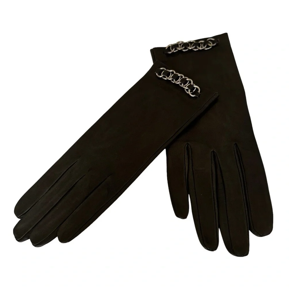 Dark Gray Vintage Leather Ladies Gloves with Silver Links